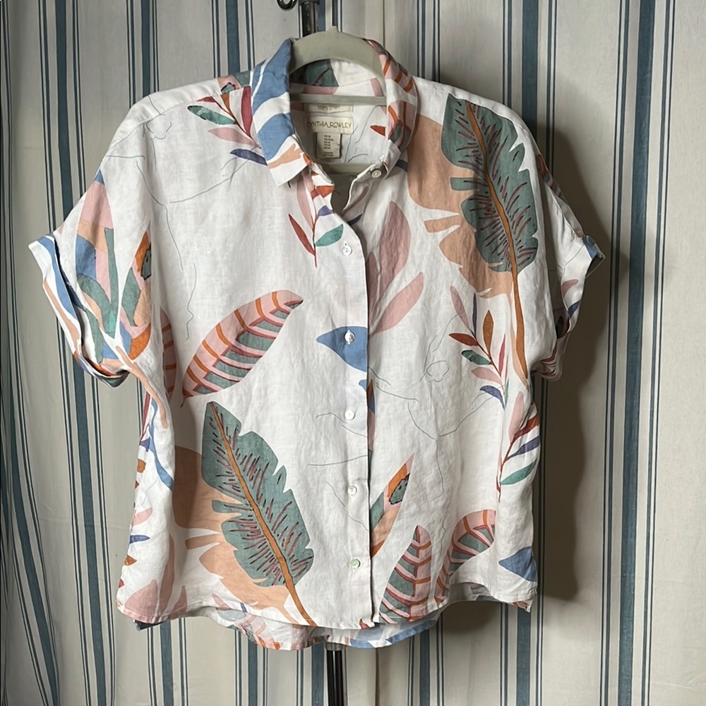 Cynthia Rowley Multicolor Tropical Leaf Print Blouse ivory